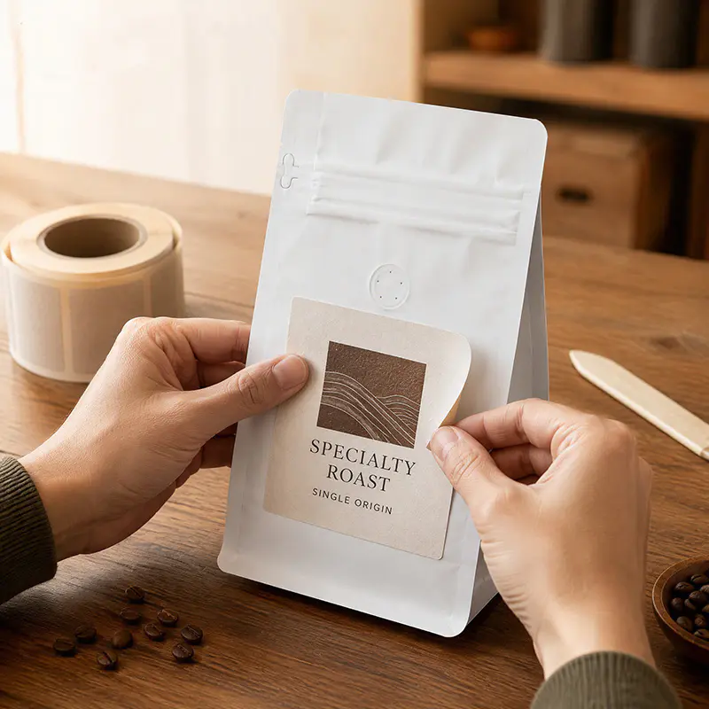 Bolsas de café con sello cuádruple y etiquetas personalizadas